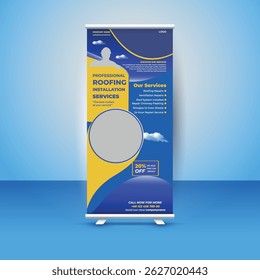 Professional roll-up banner design template for roofing installation services. Fully editable, high-resolution layout perfect for promoting construction, roofing, or home improvement businesses.