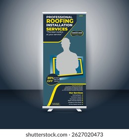 Professional roll-up banner design template for roofing installation services. Fully editable, high-resolution layout perfect for promoting construction, roofing, or home improvement businesses.