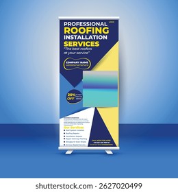 Professional roll-up banner design template for roofing installation services. Fully editable, high-resolution layout perfect for promoting construction, roofing, or home improvement businesses.