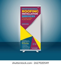 Professional roll-up banner design template for roofing installation services. Fully editable, high-resolution layout perfect for promoting construction, roofing, or home improvement businesses.