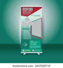 Professional roll-up banner design template for roofing installation services. Fully editable, high-resolution layout perfect for promoting construction, roofing, or home improvement businesses.