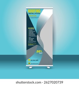 Professional roll-up banner design template for roofing installation services. Fully editable, high-resolution layout perfect for promoting construction, roofing, or home improvement businesses.