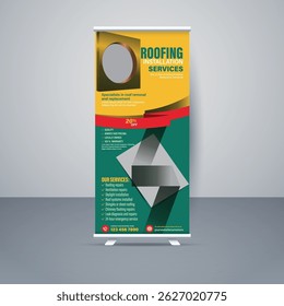 Professional roll-up banner design template for roofing installation services. Fully editable, high-resolution layout perfect for promoting construction, roofing, or home improvement businesses.