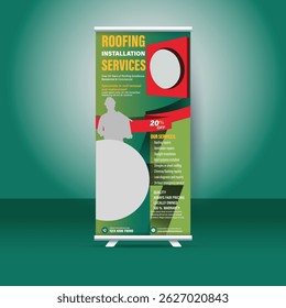 Professional roll-up banner design template for roofing installation services. Fully editable, high-resolution layout perfect for promoting construction, roofing, or home improvement businesses.