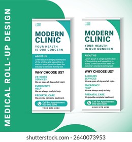 A professional roll-up banner template designed for medical clinics, hospitals, and healthcare providers. Includes space for emergency info and doctor appointments.