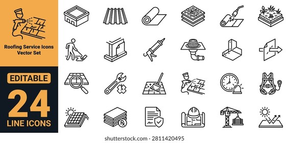Professional roofing service icons vector set featuring roof repair, inspection, waterproofing, maintenance, drainage, insulation and safety symbols for UI, UX, web, mobile app, dashboard, branding, infographic, presentation and print projects.