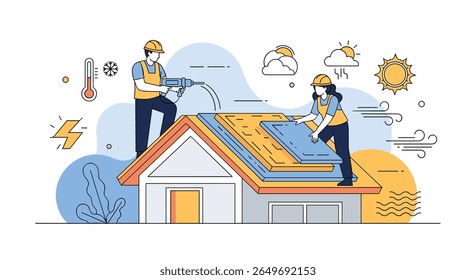 Professional roofing specialists installing solar panels enhancing home energy efficiency against diverse weather conditions