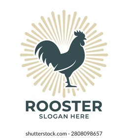 Professional rooster logo template featuring a bold silhouette of a farm bird centered against a sunburst background, perfect for branding, agriculture or food.