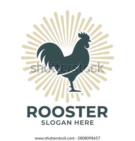 Professional rooster logo template featuring a bold silhouette of a farm bird centered against a sunburst background, perfect for branding, agriculture or food.