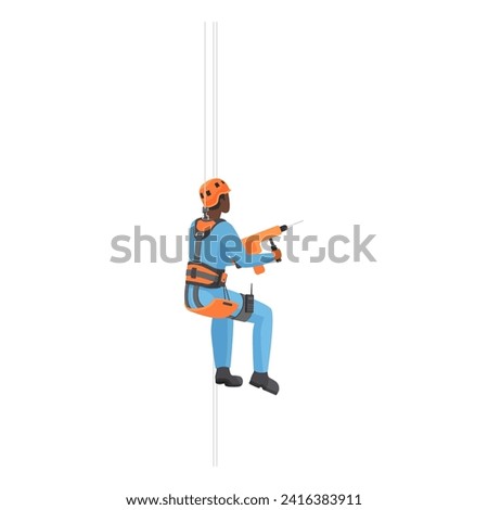 Professional rope access worker working at height with drill vector illustration
