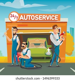 Professional Round-the-Clock Autoservice Male Team Presentation. Advertising Cartoon Poster with Happy Smiling Mechanics in Uniform with Tools in Hand. Repaired Car in Garage. Vector Flat Illustration