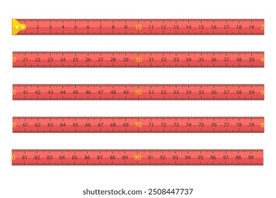 Professional ruler with scale, carpenter tape measure with scale. Construction measuring tape. Metal ruler measuring tool.