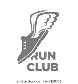 Professional run club logotype with flying shoe illustration