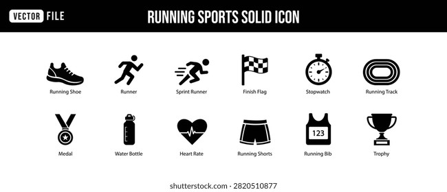 Professional running and athletics solid glyph icon collection featuring essential race, marathon, fitness, and sports training symbols. Ideal for fitness apps, sports events, running clubs, health platforms, gym branding, and athletic websites.