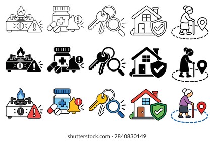 Professional safety and security vector icon collection featuring fire hazard warnings, medicine alerts, security keys, protected home symbols, and elderly navigation assistance. The collection includes clean outline, bold black silhouette, and colorful versions with clear visual communication and consistent styling. Ideal for emergency systems, healthcare applications, home security services, senior care platforms, insurance materials, mobile apps, websites, signage, presentations, dashboards, and modern UI design.



#SafetyIcons #SafetyAlert #SecurityIcons #EmergencyIcons #WarningSymbols #FireSafety #HealthcareIcons #HomeSecurity #SeniorCare #Protection #SafetyDesign #VectorIcons #UIIcons #Security #EmergencySafety
