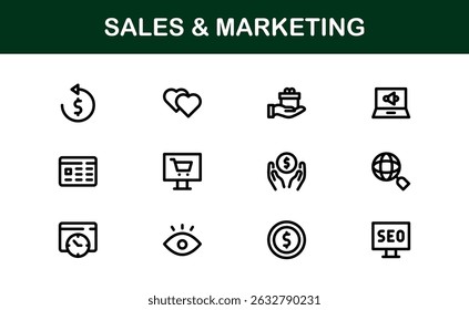Professional Sales and Marketing Icon Collection for Digital Marketing, Business Development, Advertising Strategies, Brand Management, and Client Acquisition