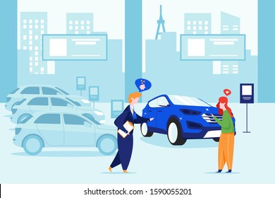 Professional salesperson selling cars at dealership to buyer. Can use for web banner, infographics, hero images. Flat style color modern vector illustration.