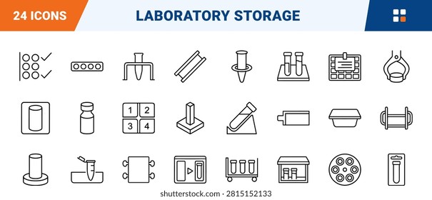 Professional sample vial tray line icon set for laboratory inventory management. This premium collection contains scientific research tools and specimen storage equipment in a thin linear illustration style.