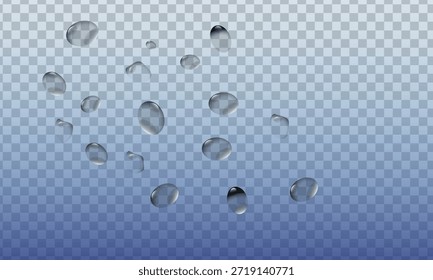 Profesional Ilustración vectorial escalable de gotas de líquido realista y burbujas de agua pura aisladas en rejilla transparente perfecto para proyectos de Diseño gráfico y superposición de fotos editables