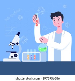 A professional science researching lab. The scientist do the virus researching with the microscope and lap equipment. The molecular engineer working the experiment research biology cell or virus.