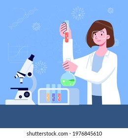 A professional science researching lab. The scientist do the virus researching with the microscope and lap equipment. The molecular engineer working the experiment research biology cell or virus.