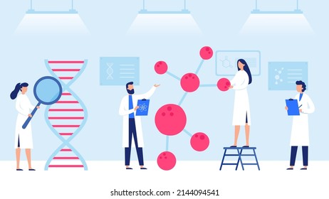 Investigación científica profesional. Científicos trabajando con análisis de ADN. Empleados de ingeniería genética revisando la estructura de la cadena de ADN con amplificador, examinando componentes moléculas vectoriales