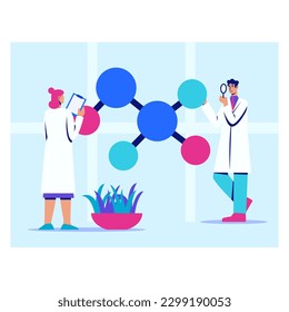 Professional scientific researchers study structural bonds of proteins and chemical compounds in medical laboratory. Cartoon vector flat illustration on white background