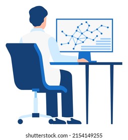 Professional scientist character. Man sits at desk, working with chemical formulas on computer, research and exploration in laboratory, biology or chemistry science, vector illustration