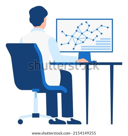 Professional scientist character. Man sits at desk, working with chemical formulas on computer, research and exploration in laboratory, biology or chemistry science, vector illustration