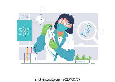 Professional scientist do biological research. Vector molecular engineering in laboratory flat style design. Science, biology concept