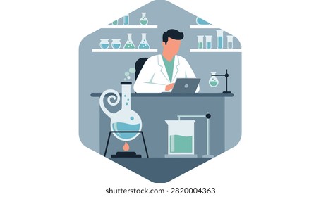 Professional scientist in a white coat conducts chemical research with beakers and flasks inside a laboratory.