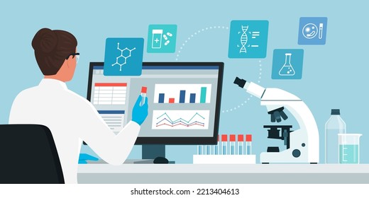 Professional scientist woman working in the medical laboratory, she is checking test results on the computer and holding a vial, microscope and medical equipment on the desk, medical research concept