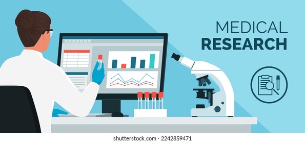 Professional scientist woman working in the medical laboratory, she is checking test results on the computer and holding a vial, microscope and medical equipment on the desk, medical research concept