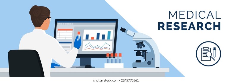 Professional scientist woman working in the medical laboratory, she is checking test results on the computer and holding a vial, microscope and medical equipment on the desk, medical research concept