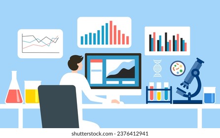 Professional scientist working in the medical laboratory. He checking test results on the computer with medical equipment on the desk. Medical research concept.