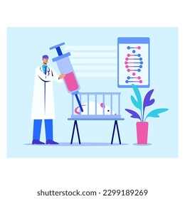 Científicos profesionales e investigadores químicos realizan investigaciones de vacunación en ratas de laboratorio. Concepto molecular de experimento de laboratorio médico biológico. Ilustración vectorial de estilo plano de caricatura