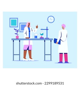 Professional scientists colleagues conduct experiments and talk in medical lab. Chemistry equipment on table. Cartoon vector flat illustration on white background
