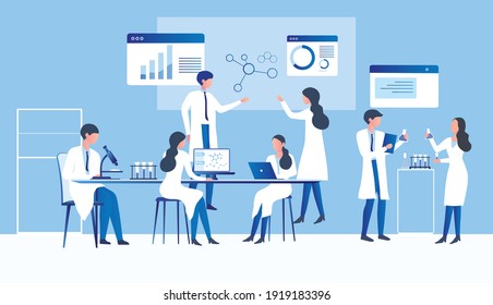 Professional scientists, doctors and chemical researchers working and analysis in laboratory experiment vector  Illustration. Medical laboratory, research experiment biology molecular concept.
