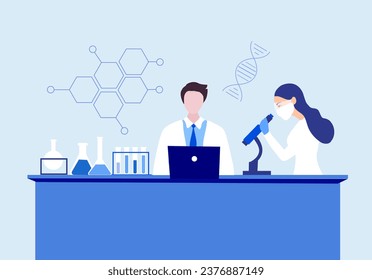 Professional scientists, doctors and chemical researchers working and analysis in laboratory experiment vector  Illustration. Medical laboratory, research experiment biology molecular concept.