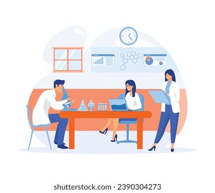 Professional scientists, doctors and chemical researchers working and analysis in laboratory experiment.  flat vector modern illustration 