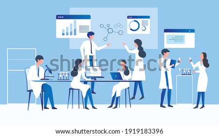 Professional scientists, doctors and chemical researchers working and analysis in laboratory experiment vector  Illustration. Medical laboratory, research experiment biology molecular concept.
