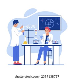 Investigadores científicos profesionales trabajando y analizando en experimentos de laboratorio. Ilustración plana del vector