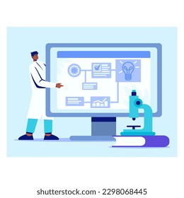 Professional scientists in white coat working in laboratory. Man standing near microscope, book and big computer screen and point to diagram. Vector flat illustration in blue colours