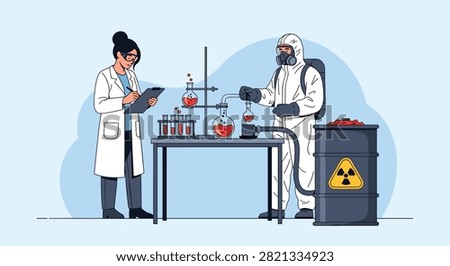 Professional scientists working in a high security laboratory environment with hazardous chemicals, protective suits, and complex glass equipment.