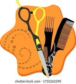 Professional scissors, brush, comb. Barber shop logo. Vector illustration.