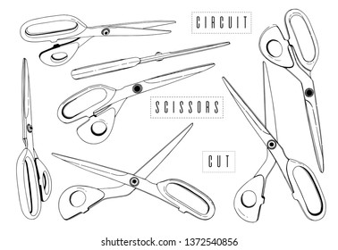 Professional Scissors Cutting tailors set Vector Line Drawing. cut paper,simple line shape. Graphic black and white.Different angle