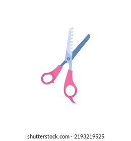 Professional scissors for haircuts or per grooming, flat vector illustration isolated on white background. Hair cutting shears with texturizing blade. Equipment for dogs and cats fur cutting.