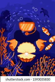Professional Scuba Diver man dives in the ocean. Underwater swiming. Summer vacation concept of sport active holidays. under water wold pearl corals
