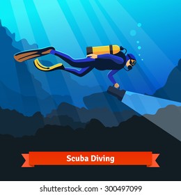 Professional scuba diver man underwater searching with big flashlight in hand. Flat style vector isolated illustration.