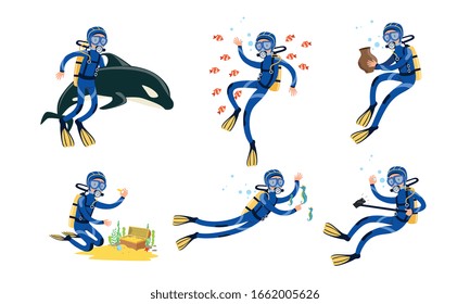 Professional Scuba Divers Collection, Gratis-Taucherschwimmen im Meer mit Fischen, Schatzsuchen an der unteren Vektorillustration Illustration